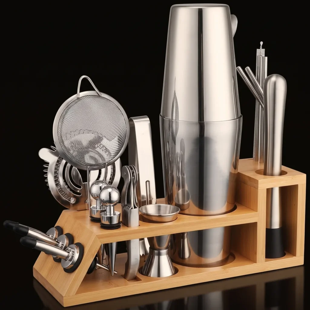 Cocktail kit 20 pieces, bamboo stand, Boston, front view