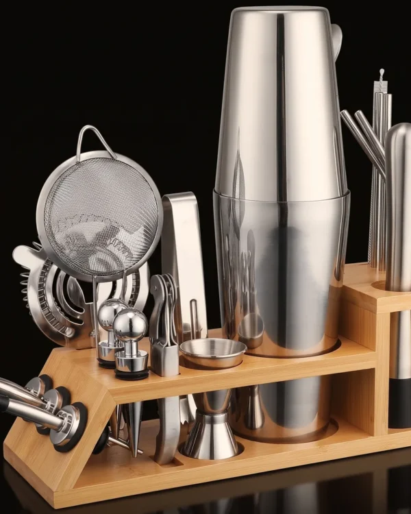 Cocktail kit 20 pieces, bamboo stand, Boston, front view