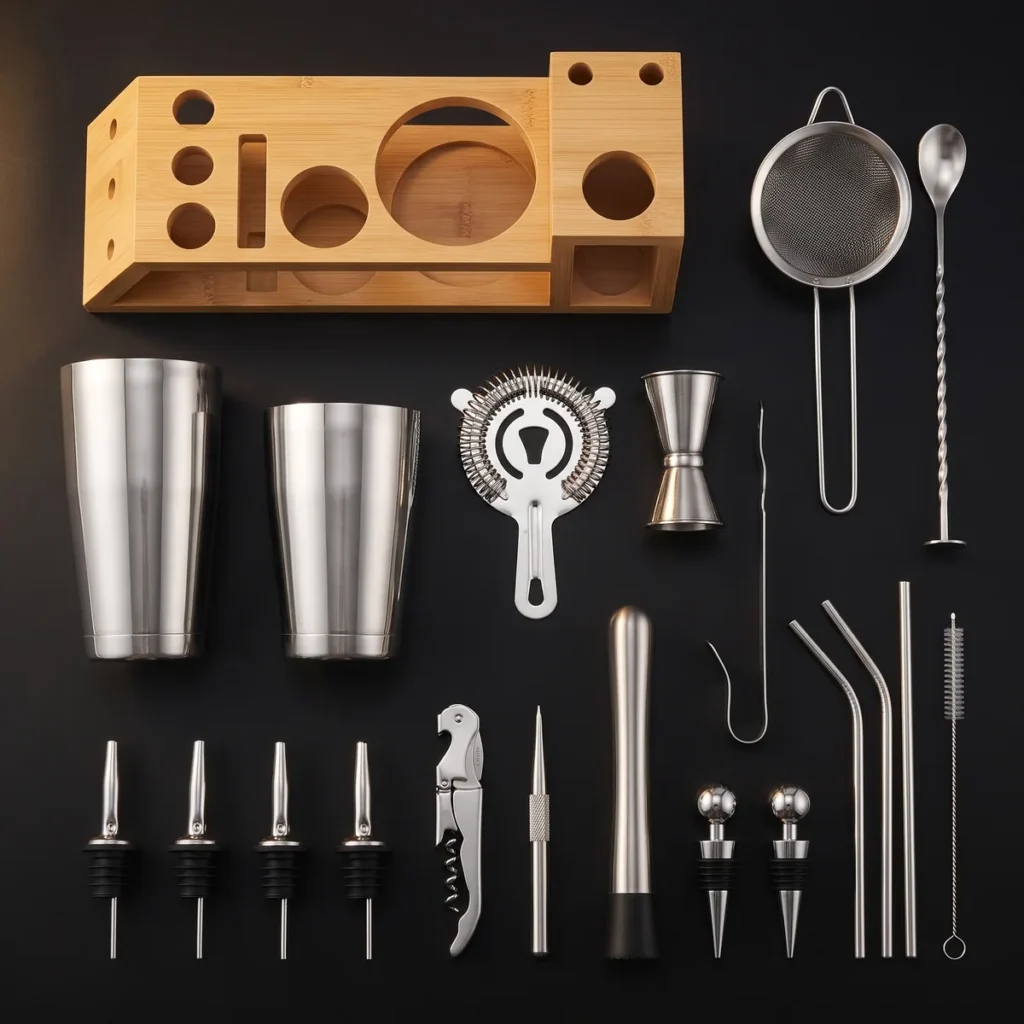 Cocktail kit 20 pieces, bamboo stand, Boston, top view