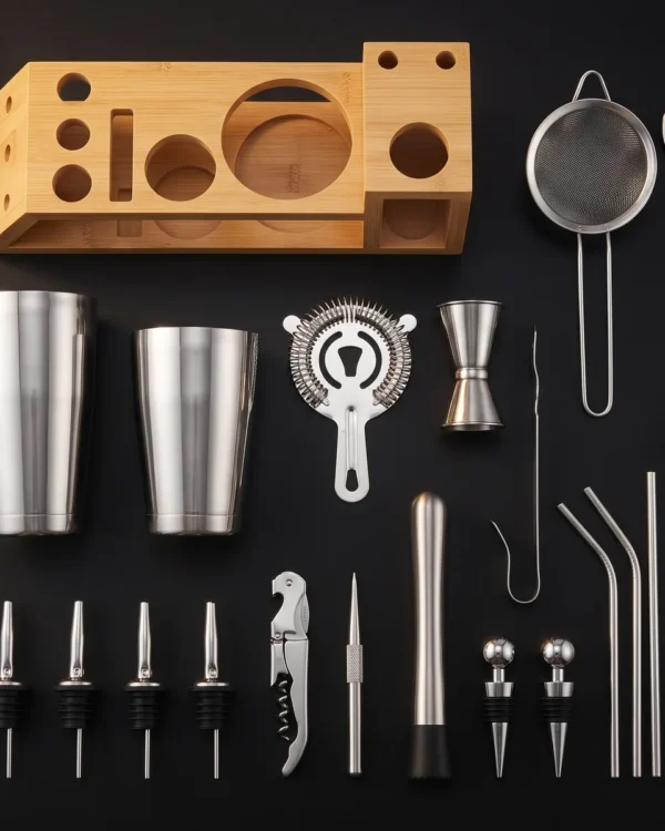 Cocktail kit 20 pieces, bamboo stand, Boston, top view