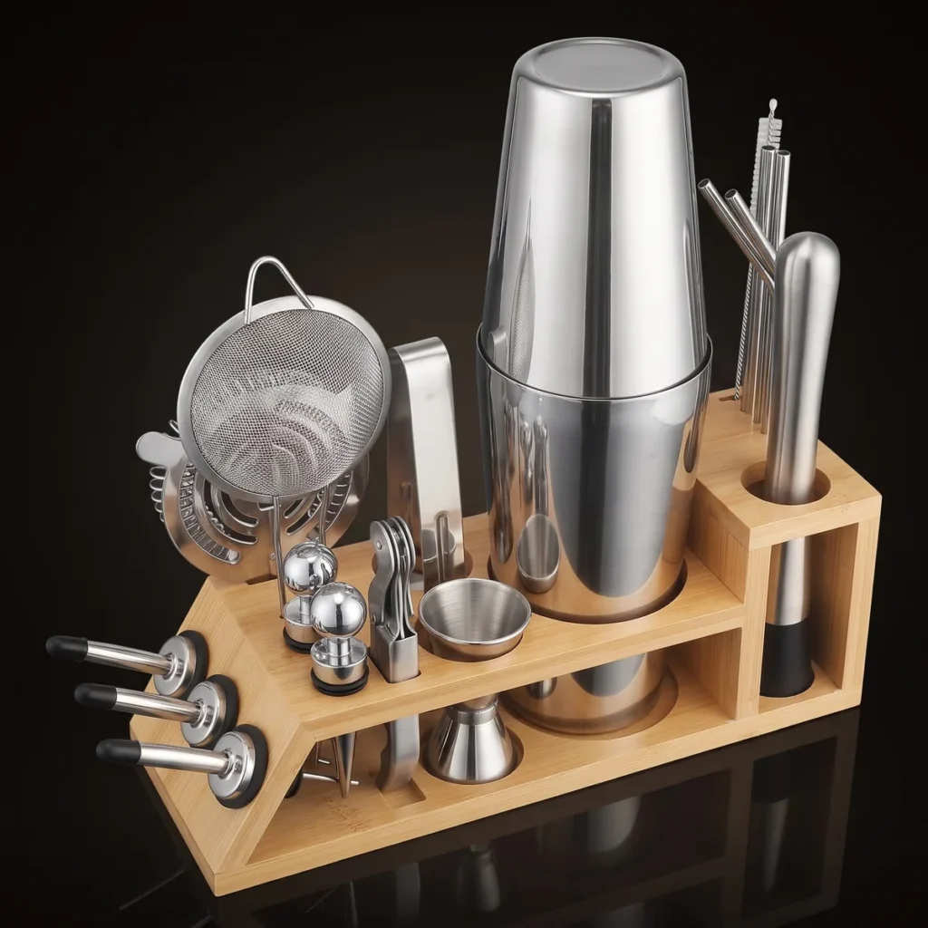 Cocktail kit 20 pieces, bamboo stand, Boston, three-quarter view