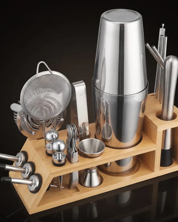 Cocktail kit 20 pieces, bamboo stand, Boston, three-quarter view