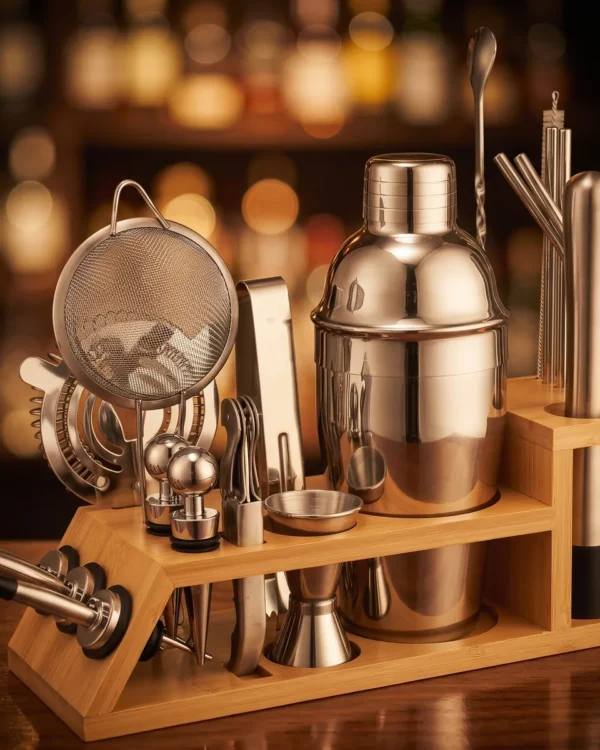 Cocktail kit 20 pieces, bamboo stand, 550 ml shaker, on a bar counter