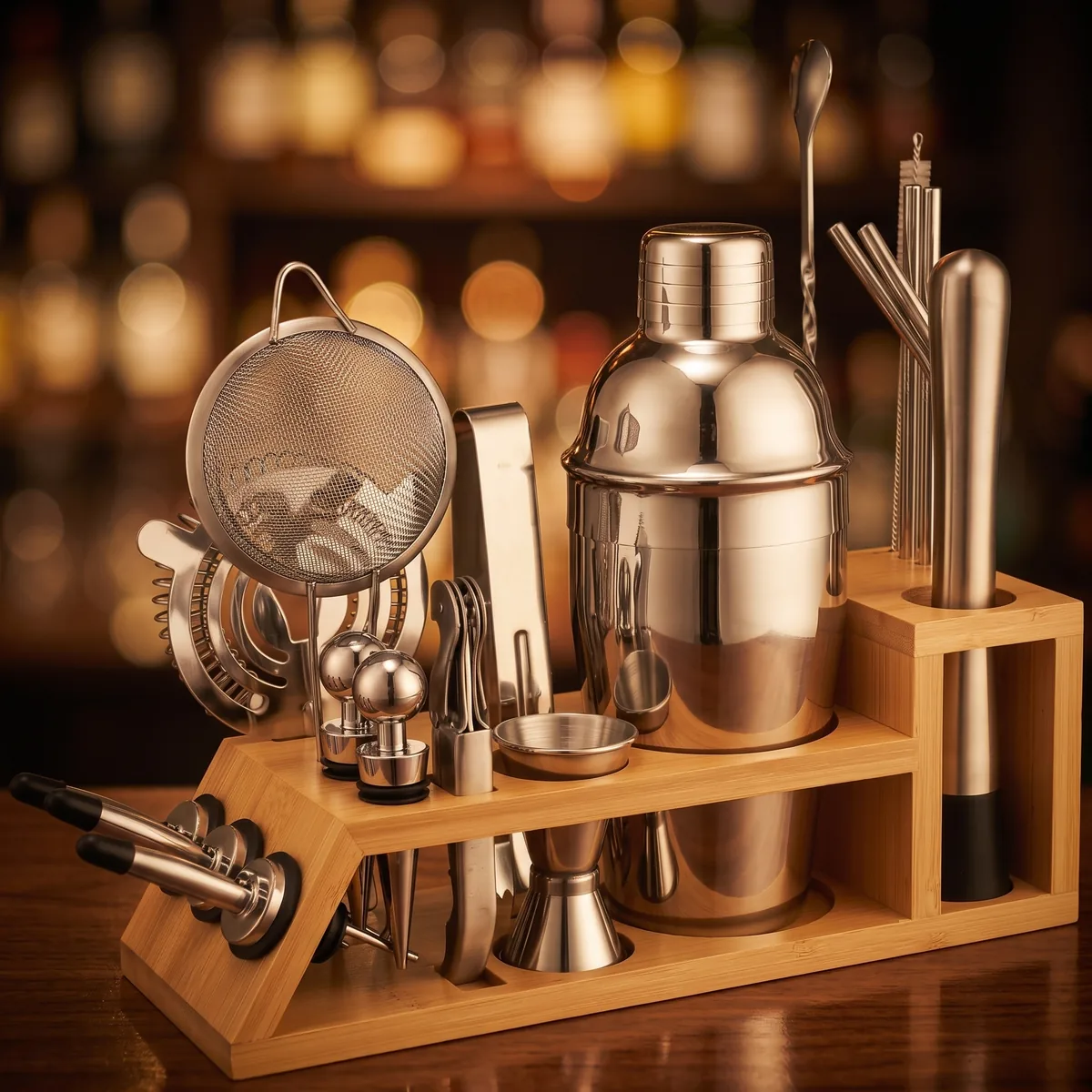 Cocktail kit 20 pieces, bamboo stand, 550 ml shaker, on a bar counter