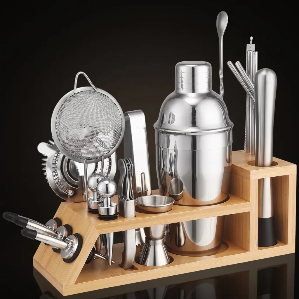 Cocktail kit 20 pieces, bamboo stand, 550 ml shaker, front view