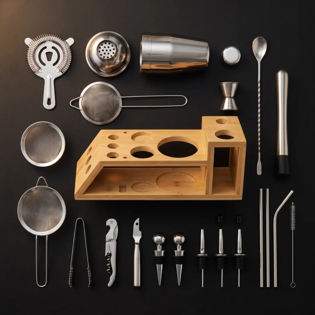 Cocktail kit 20 pieces, bamboo stand, 550 ml shaker, top view
