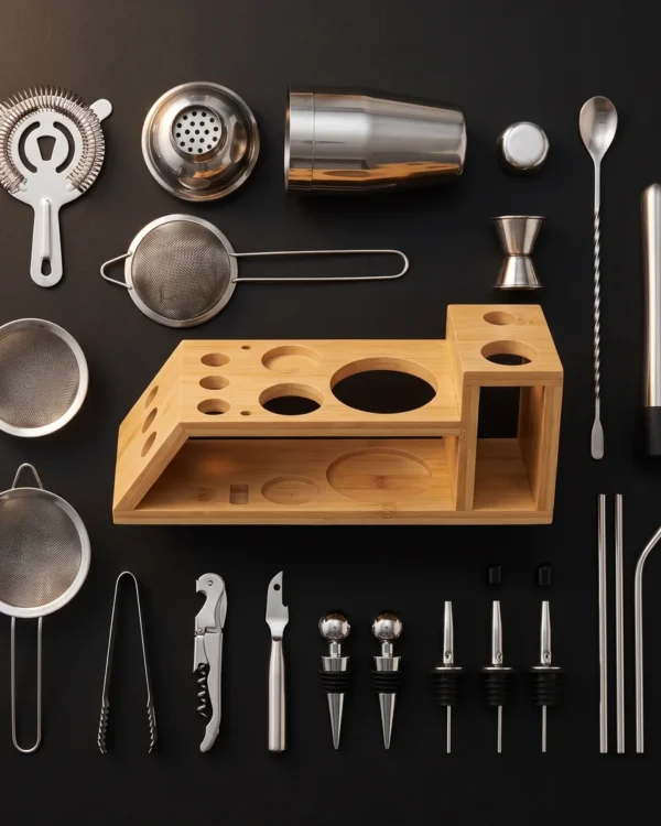 Cocktail kit 20 pieces, bamboo stand, 550 ml shaker, top view