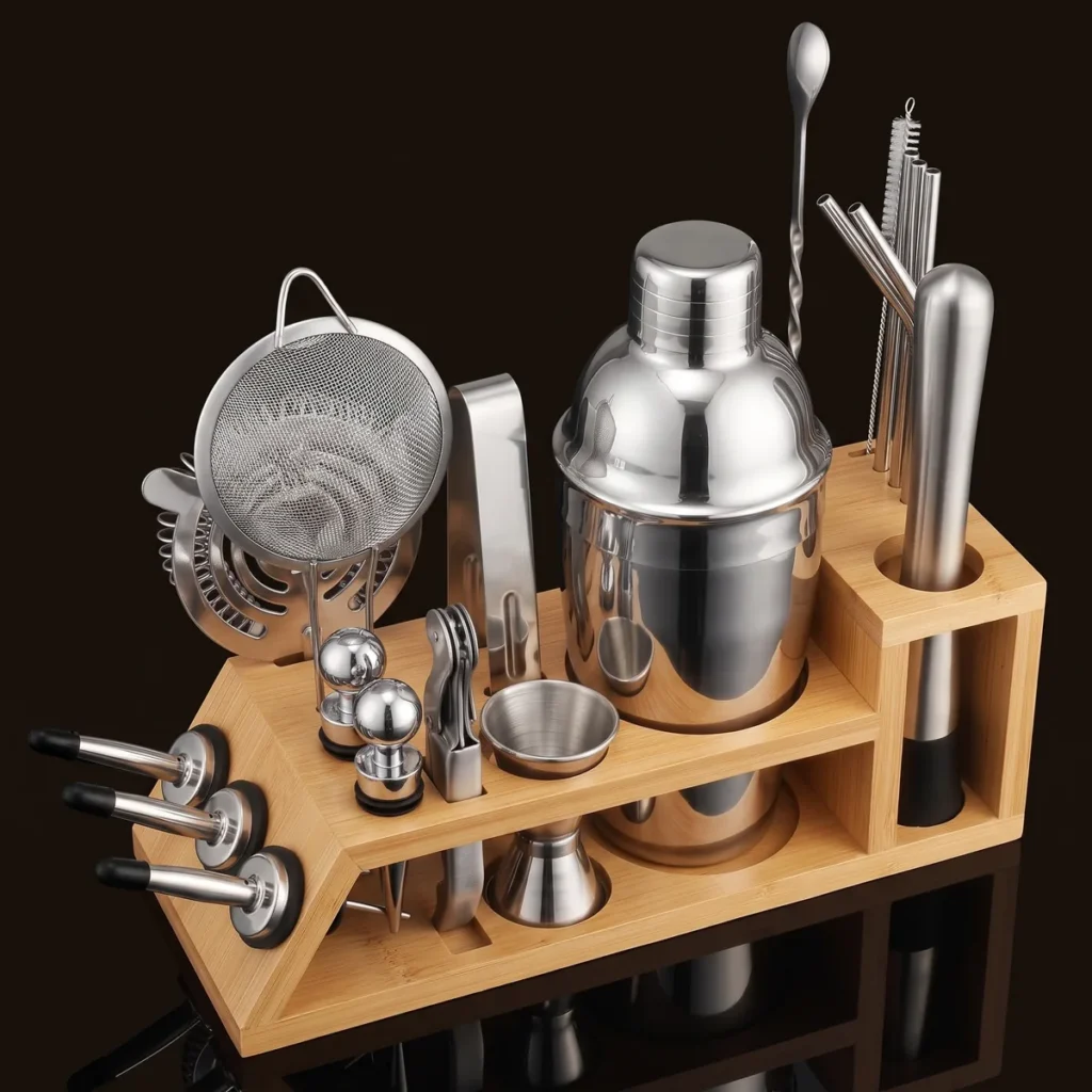 Cocktail kit 20 pieces, bamboo stand, 550 ml shaker, three-quarter view