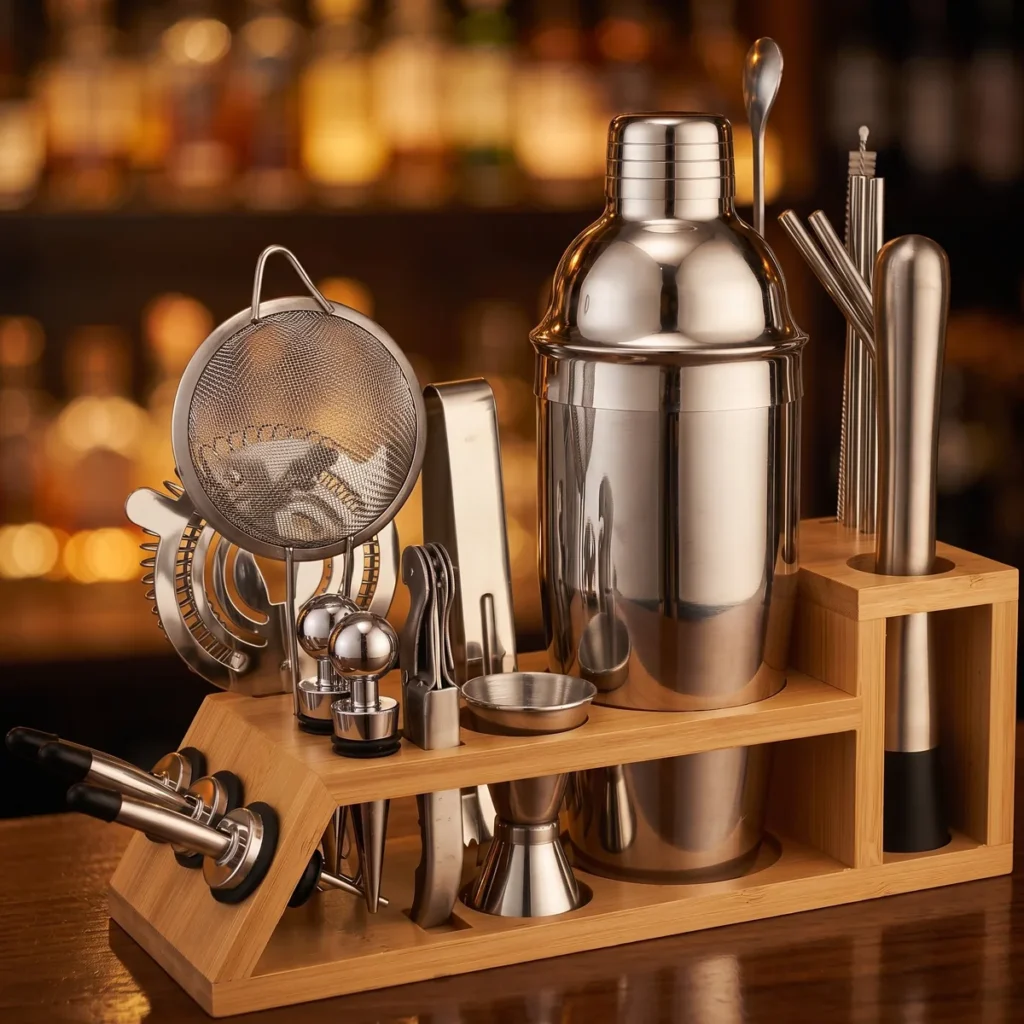 Cocktail kit 20 pieces, bamboo stand, 750 ml shaker, on a bar counter