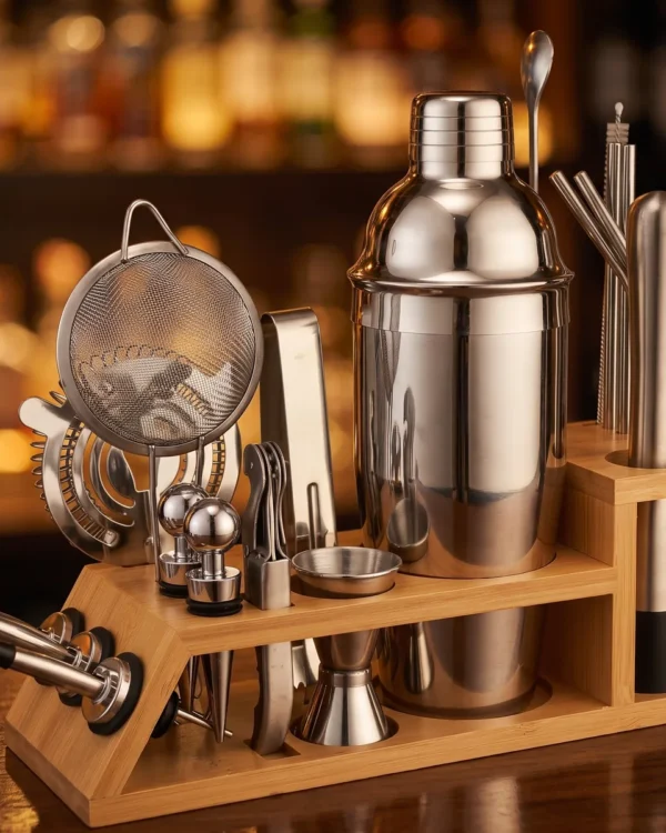 Cocktail kit 20 pieces, bamboo stand, 750 ml shaker, on a bar counter
