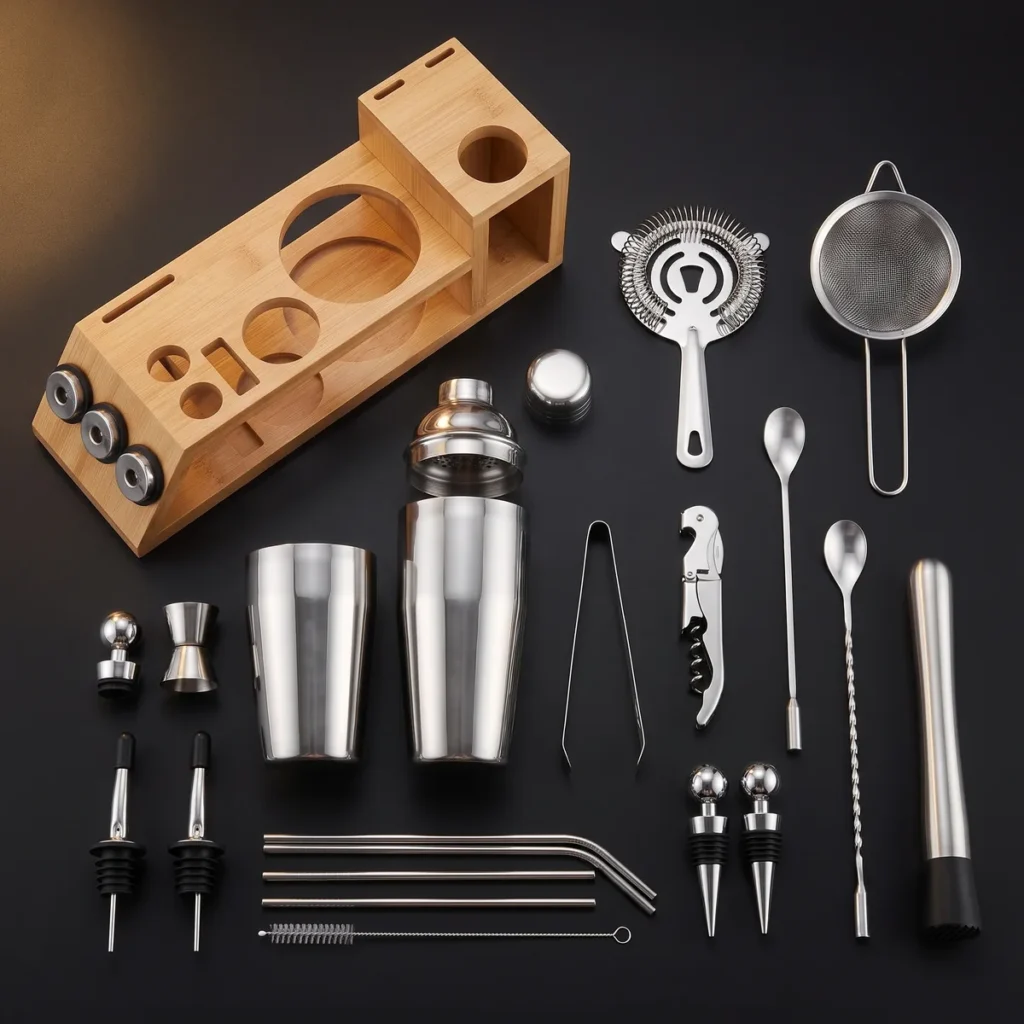 Cocktail kit 20 pieces, bamboo stand, 750 ml shaker, top view