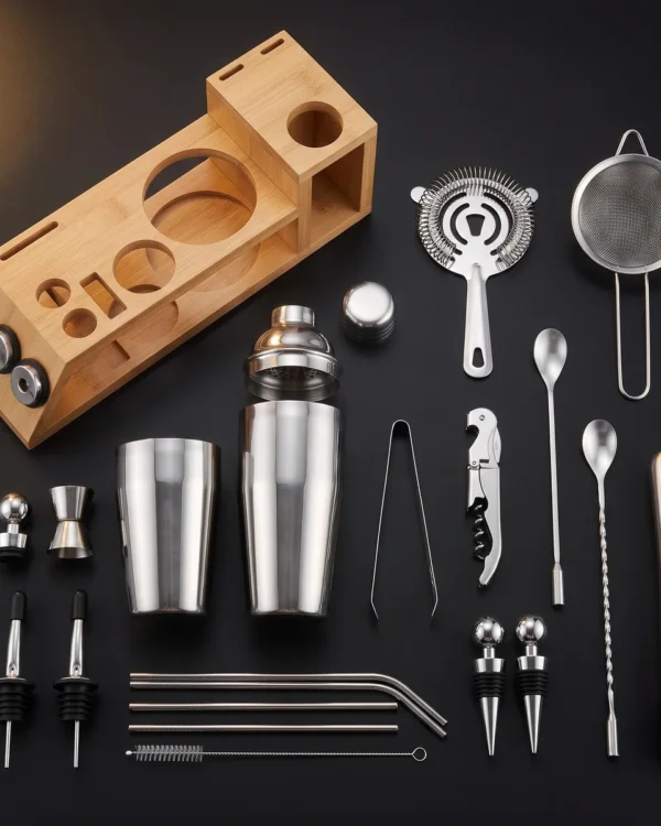 Cocktail kit 20 pieces, bamboo stand, 750 ml shaker, top view