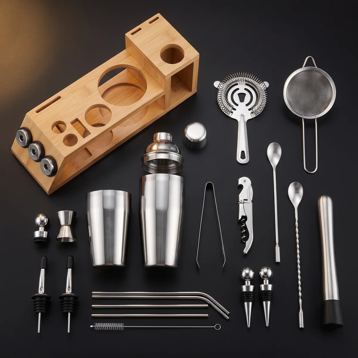 Cocktail kit 20 pieces, bamboo stand, 750 ml shaker, top view