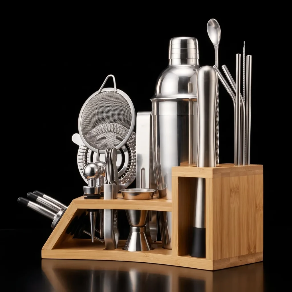 Cocktail kit 20 pieces, bamboo stand, 750 ml shaker, three-quarter view