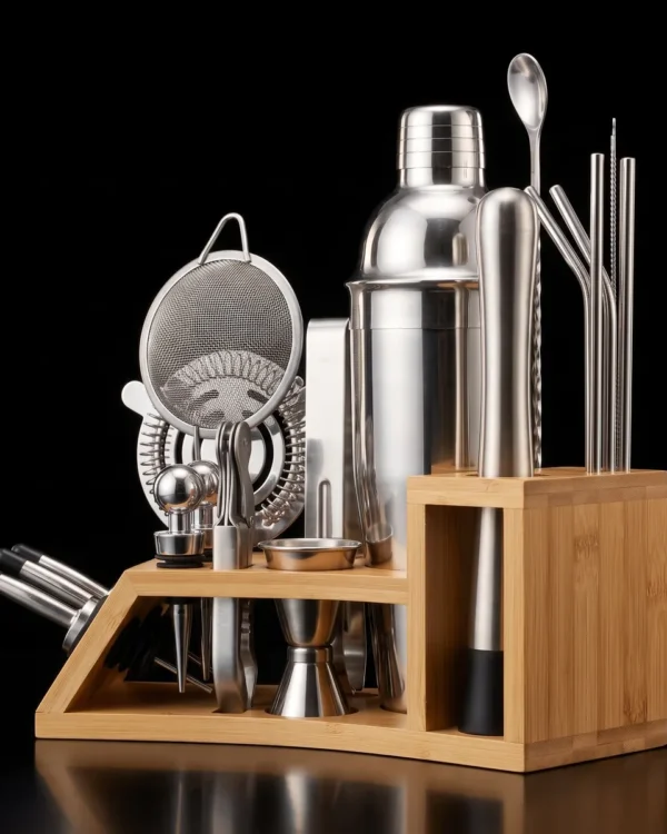 Cocktail kit 20 pieces, bamboo stand, 750 ml shaker, three-quarter view