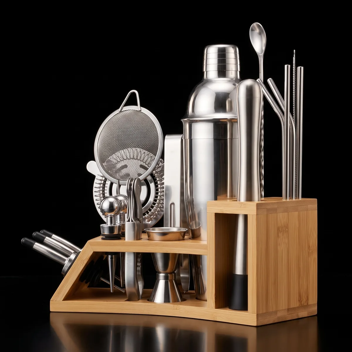 Cocktail kit 20 pieces, bamboo stand, 750 ml shaker, three-quarter view