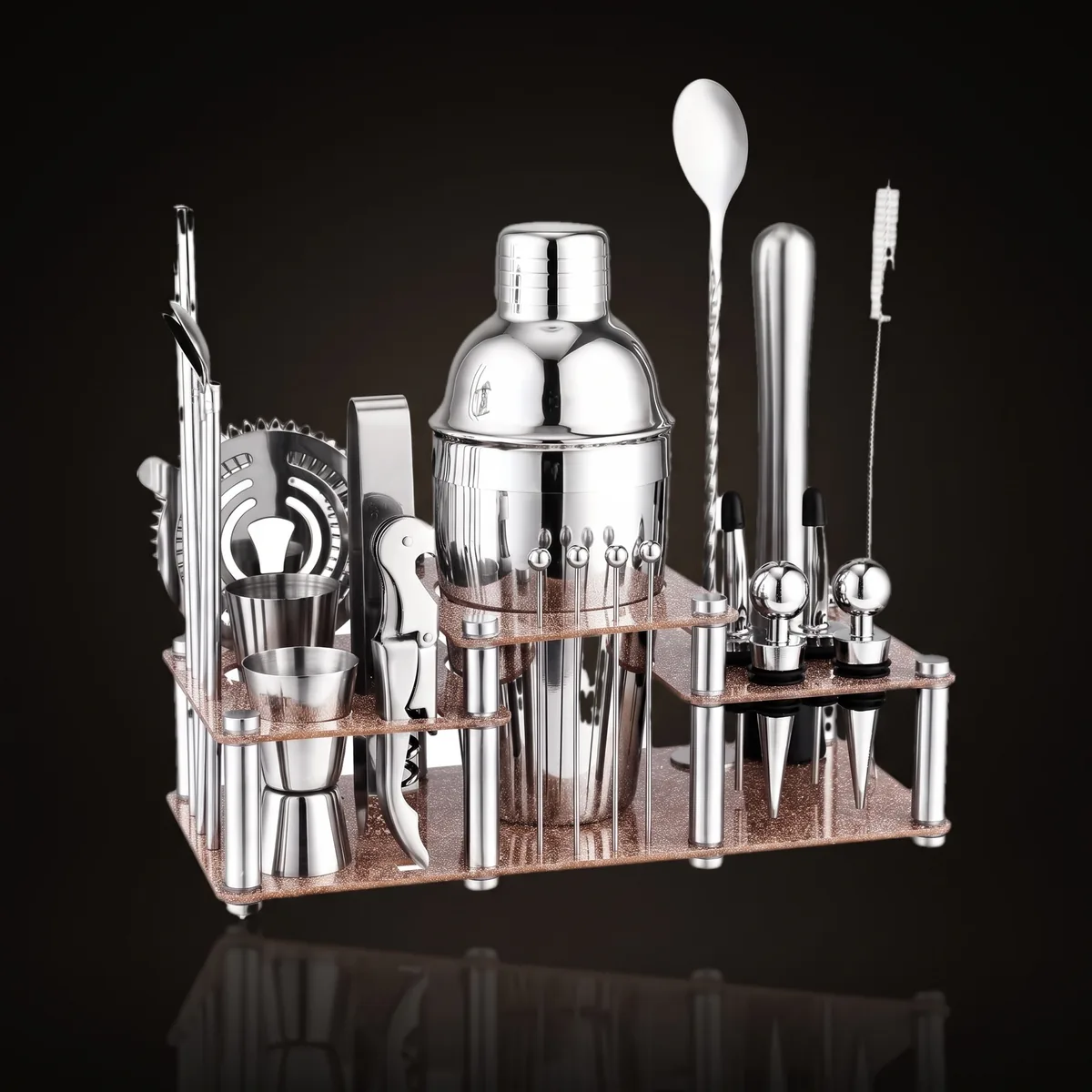 Cocktail kit 22 pieces, two-tier stand, 550 ml, three-quarter view