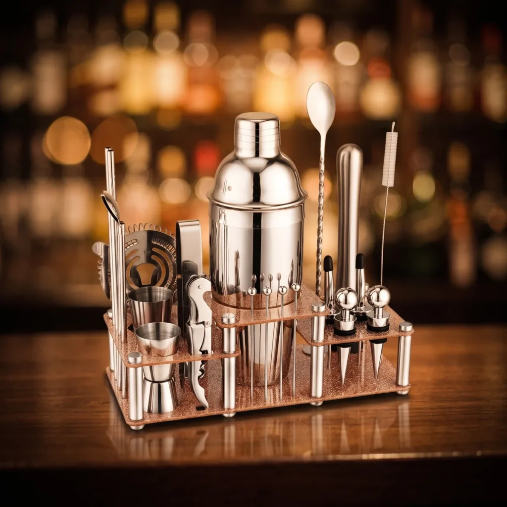 Cocktail kit 22 pieces, two-tier stand, 750 ml, on a bar counter