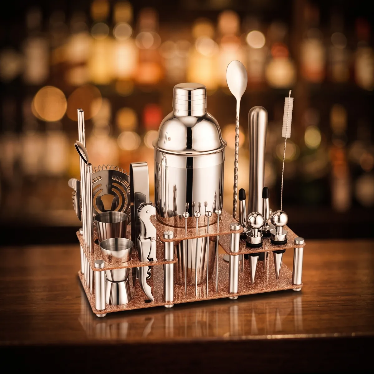 Cocktail kit 22 pieces, two-tier stand, 750 ml, on a bar counter