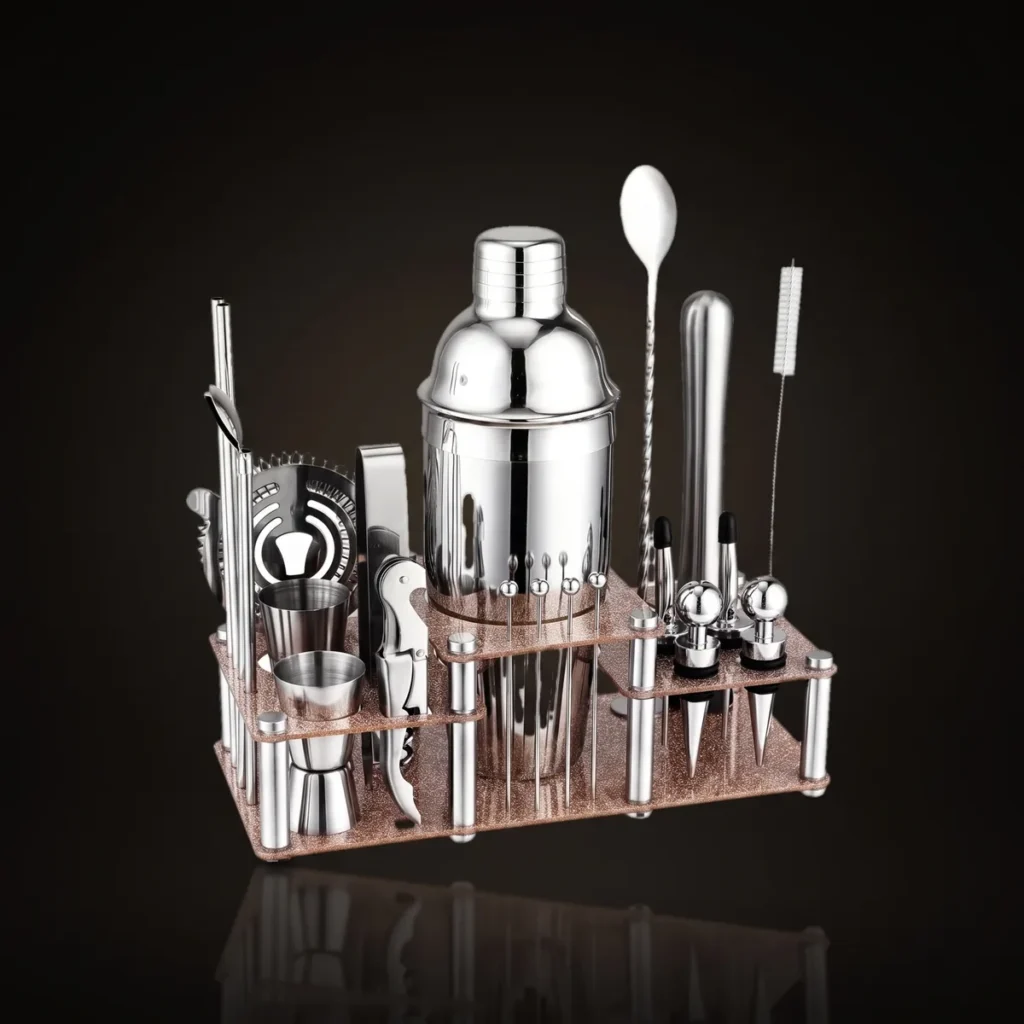 Cocktail kit 22 pieces, two-tier stand, 750 ml, three-quarter view