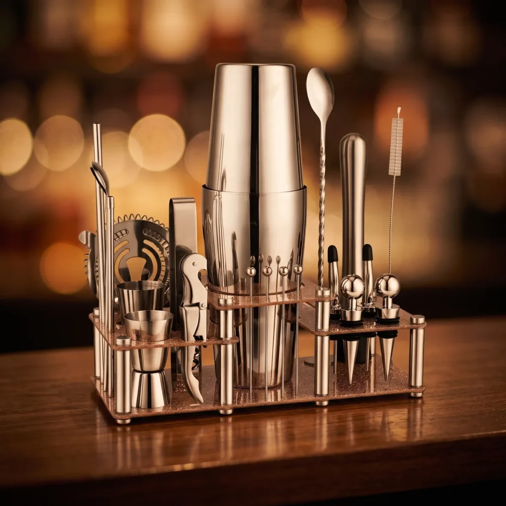 Cocktail kit 22 pieces, two-tier stand, Boston, on a bar counter