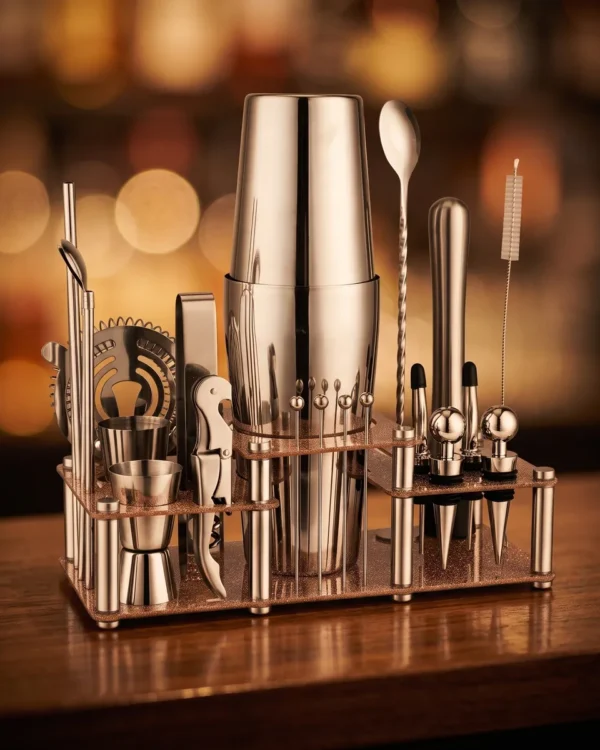 Cocktail kit 22 pieces, two-tier stand, Boston, on a bar counter