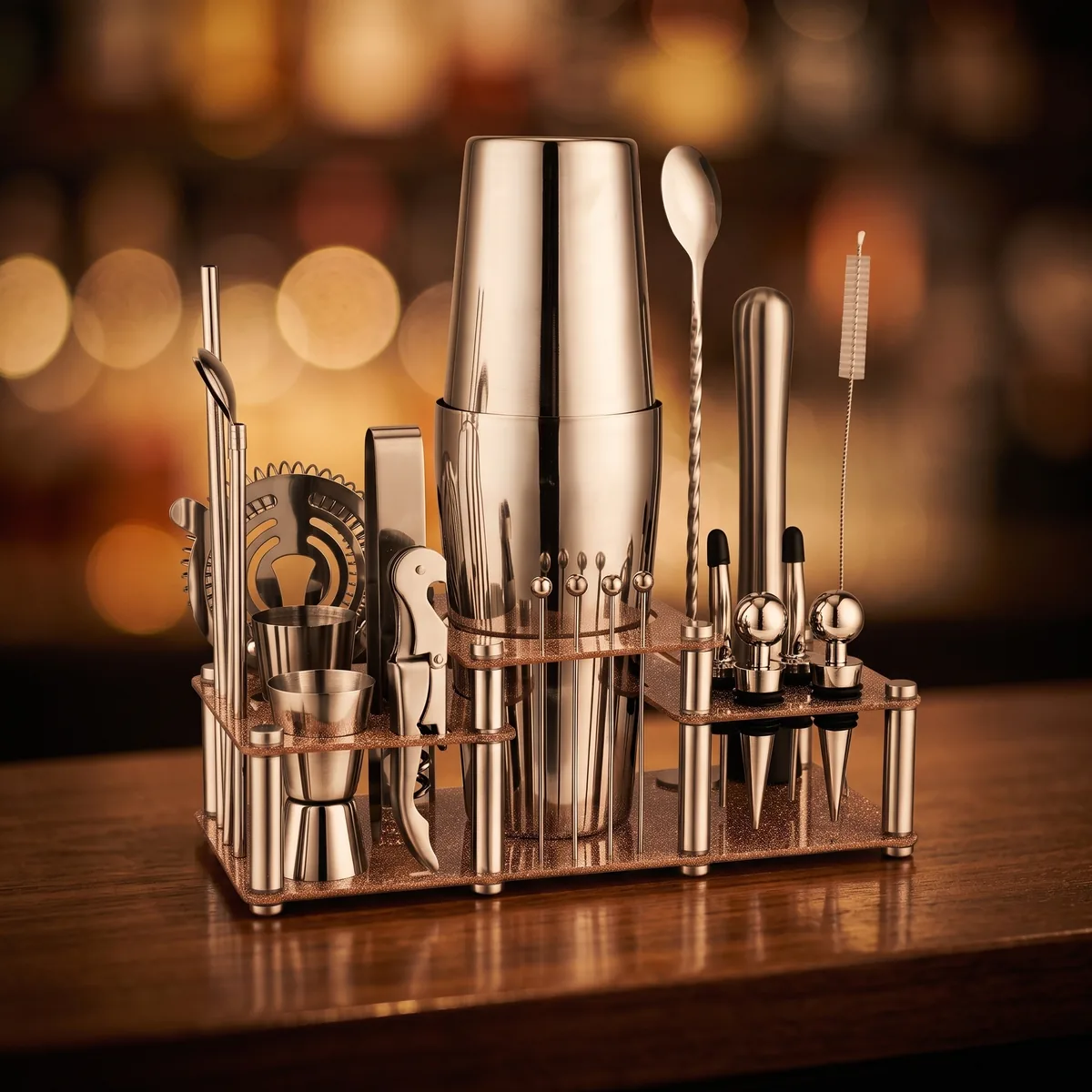 Cocktail kit 22 pieces, two-tier stand, Boston, on a bar counter