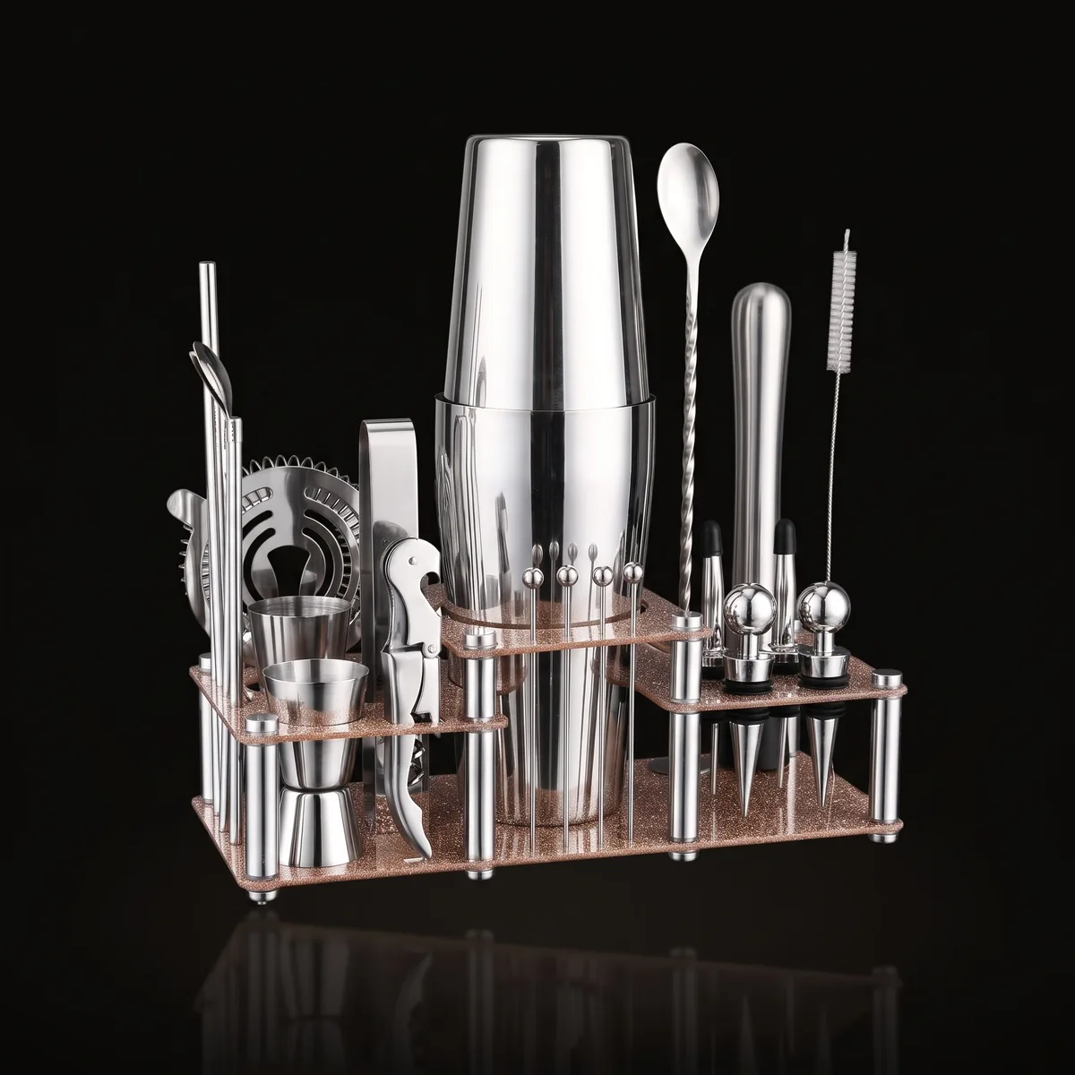 Cocktail kit 22 pieces, two-tier stand, Boston, front view