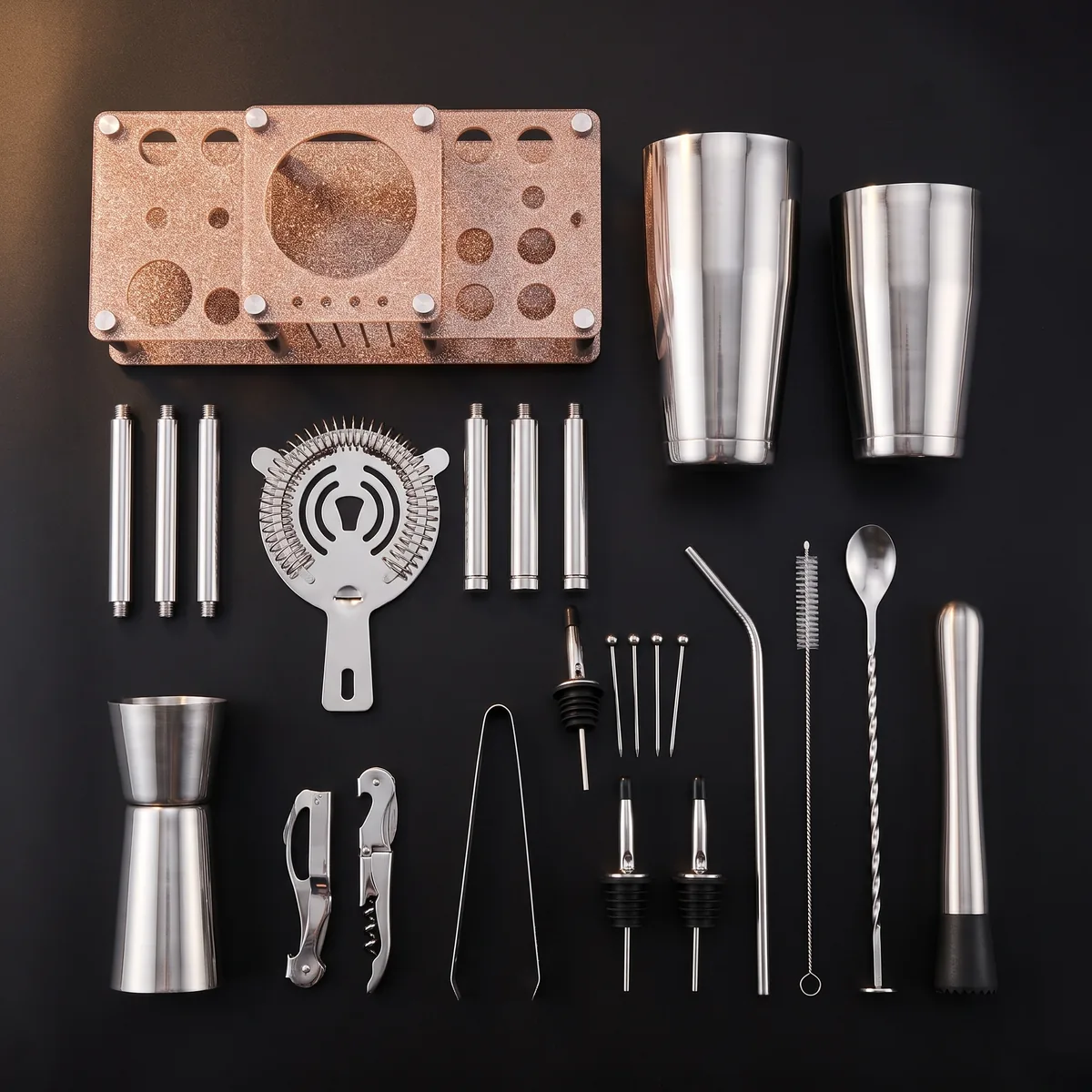 Cocktail kit 22 pieces, two-tier stand, Boston, top view