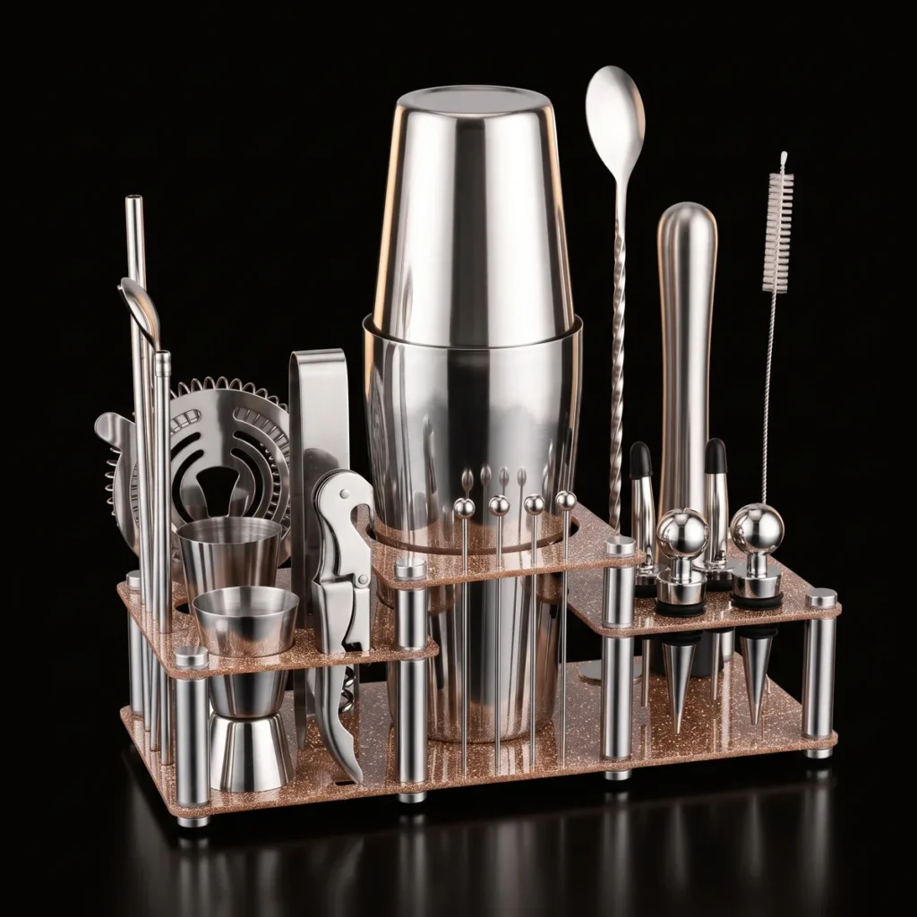 Cocktail kit 22 pieces, two-tier stand, Boston, three-quarter view