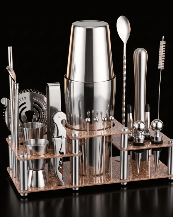 Cocktail kit 22 pieces, two-tier stand, Boston, three-quarter view
