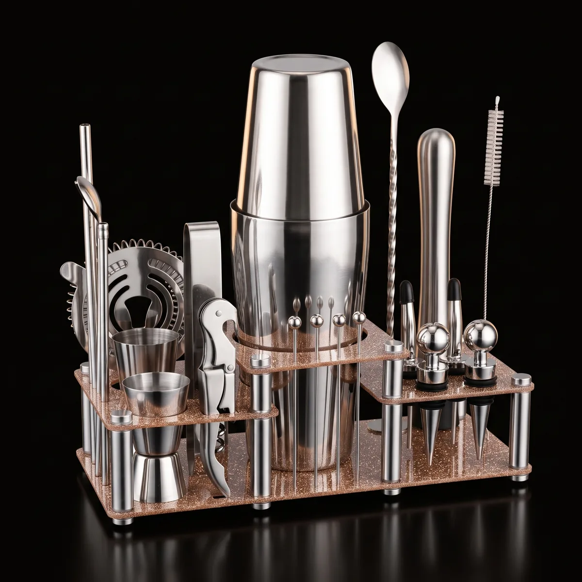 Cocktail kit 22 pieces, two-tier stand, Boston, three-quarter view