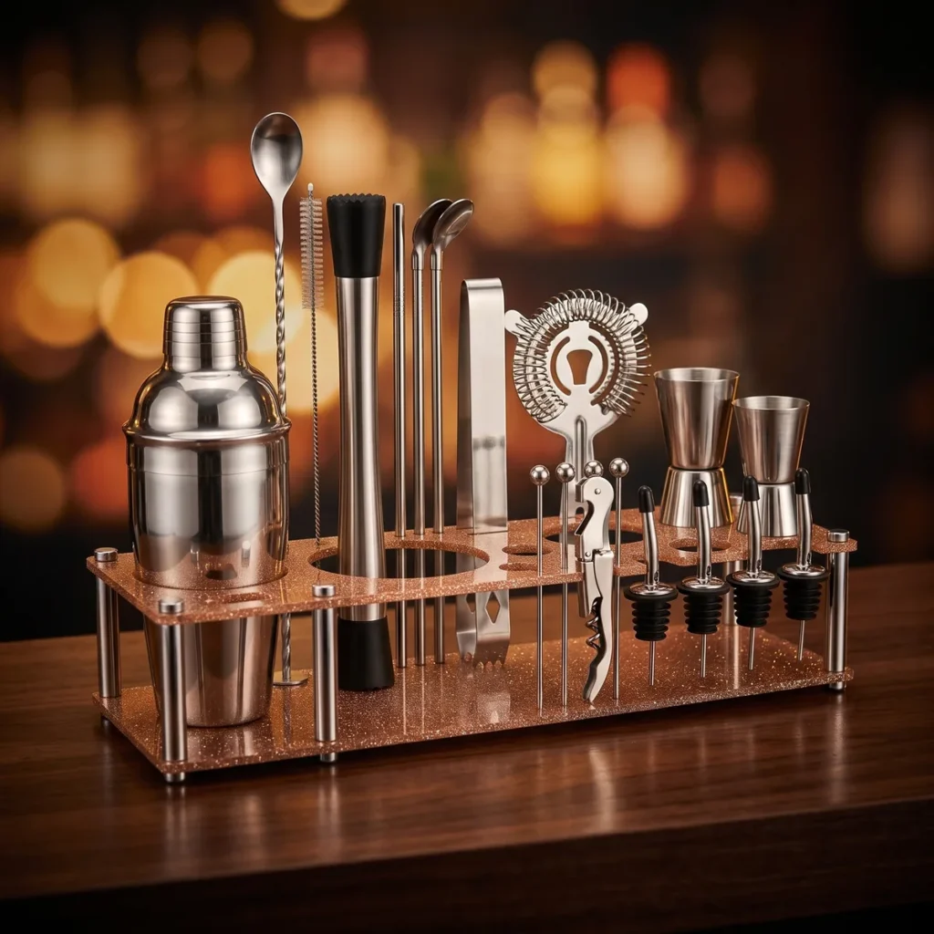 Cocktail kit 22 pieces, display stand, 350 ml, on a bar counter
