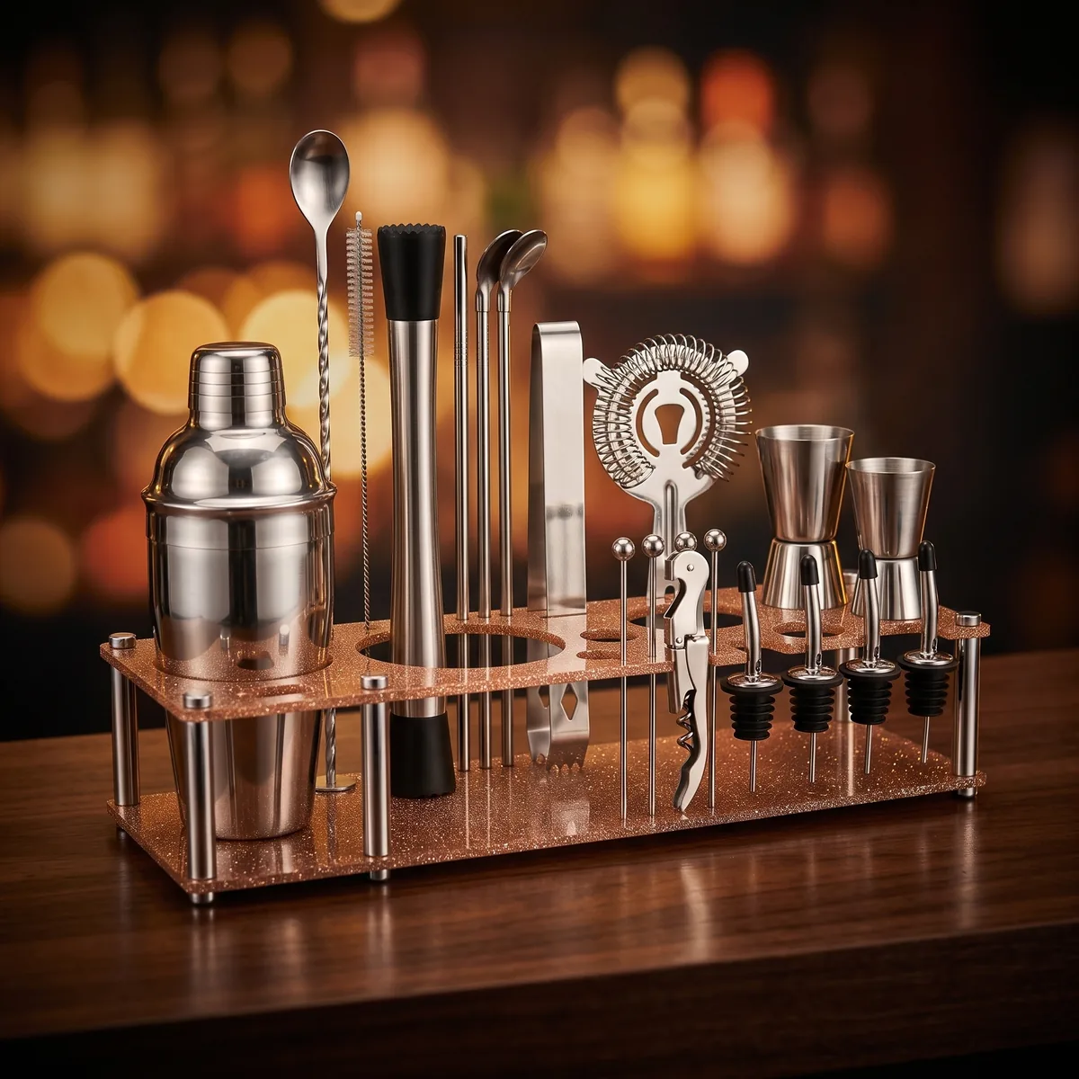 Cocktail kit 22 pieces, display stand, 350 ml, on a bar counter