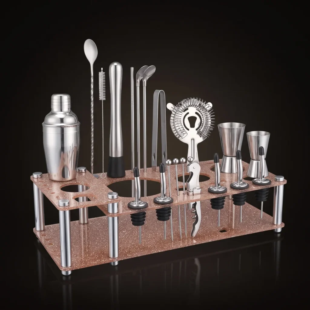 Cocktail kit 22 pieces, display stand, 350 ml, three-quarter view