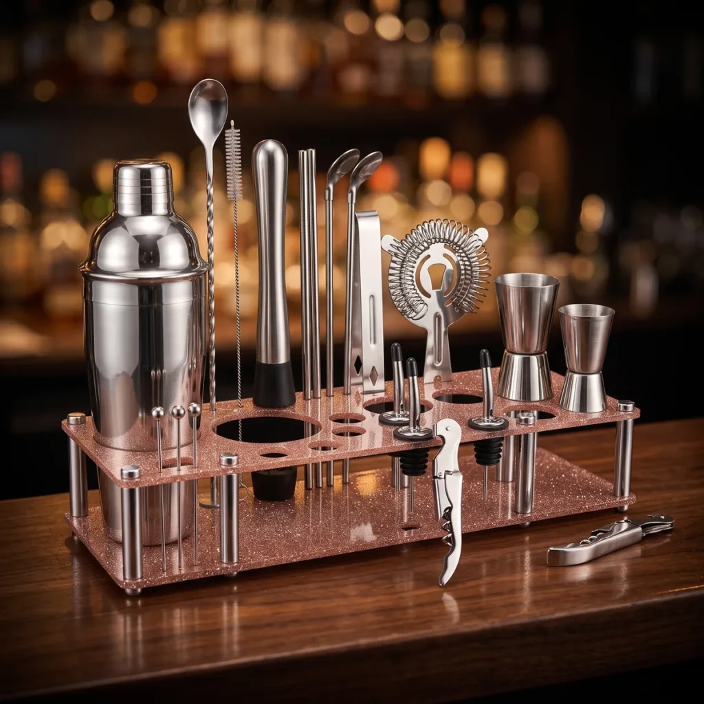 Cocktail kit 22 pieces, display stand, 550 ml, on a bar counter