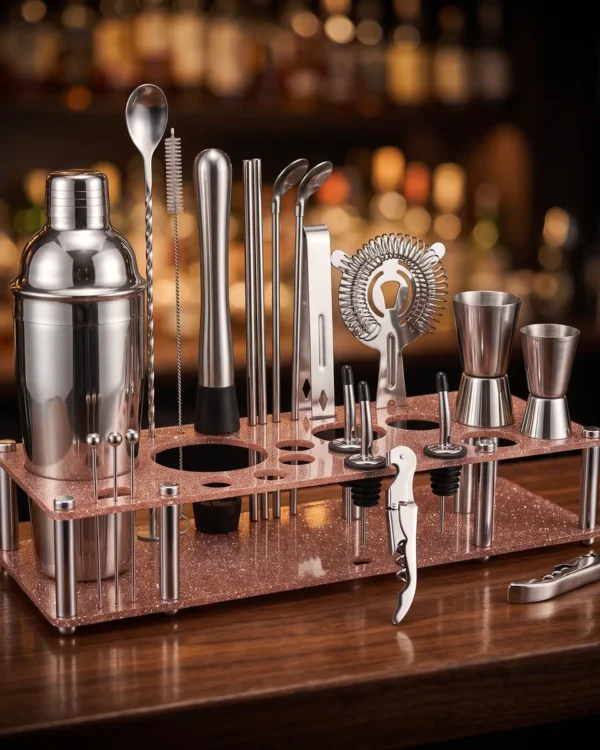 Cocktail kit 22 pieces, display stand, 550 ml, on a bar counter