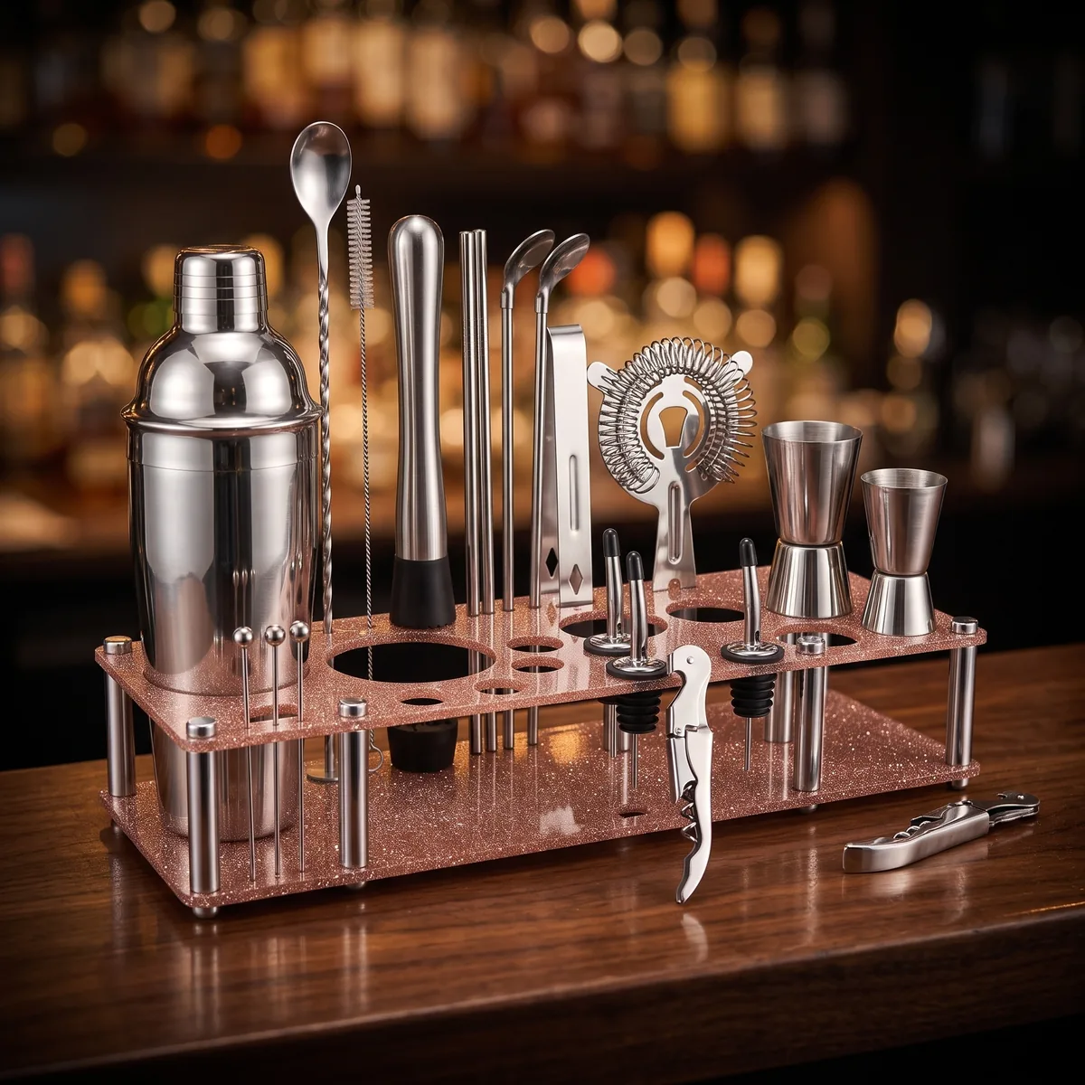 Cocktail kit 22 pieces, display stand, 550 ml, on a bar counter