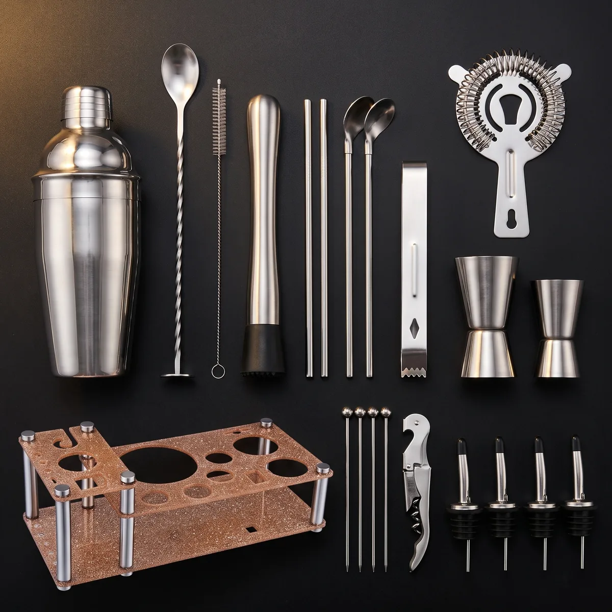 Cocktail kit 22 pieces, display stand, 550 ml, top view