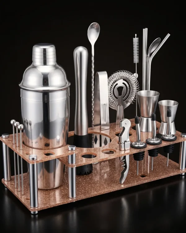 Cocktail kit 22 pieces, display stand, 550 ml, three-quarter view