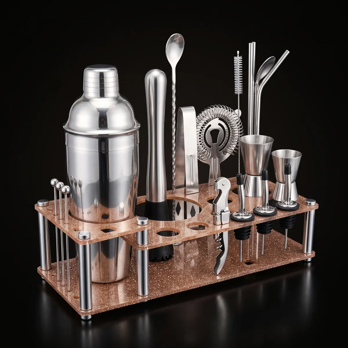 Cocktail kit 22 pieces, display stand, 550 ml, three-quarter view