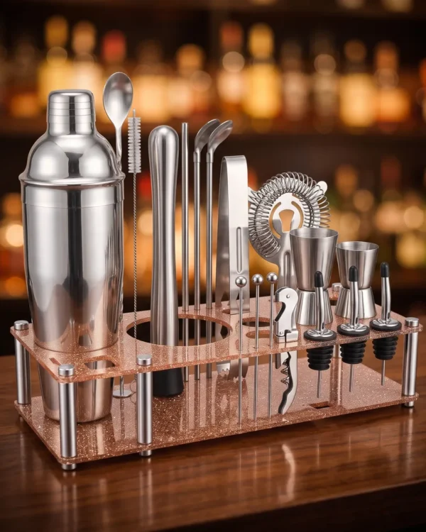 Cocktail kit 22 pieces, display stand, 750 ml, on a bar counter