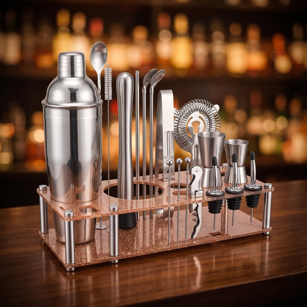 Cocktail kit 22 pieces, display stand, 750 ml, on a bar counter