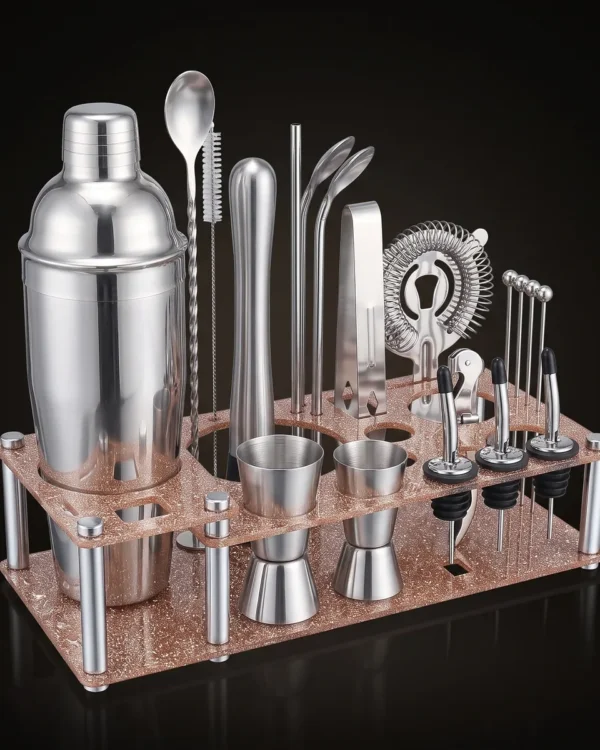 Cocktail kit 22 pieces, display stand, 750 ml, three-quarter view