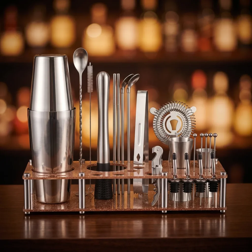 Cocktail kit 22 pieces, display stand, Boston, on a bar counter