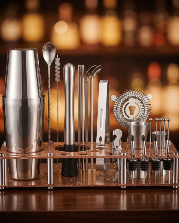 Cocktail kit 22 pieces, display stand, Boston, on a bar counter