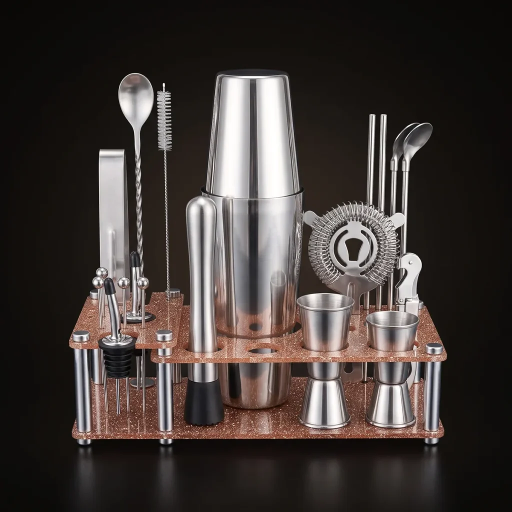 Cocktail kit 22 pieces, display stand, Boston, front view