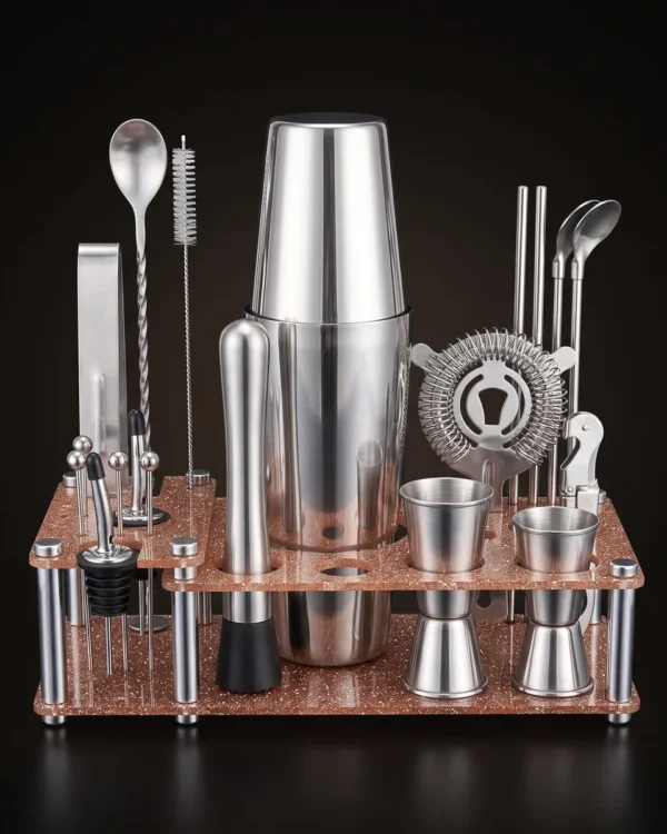 Cocktail kit 22 pieces, display stand, Boston, front view