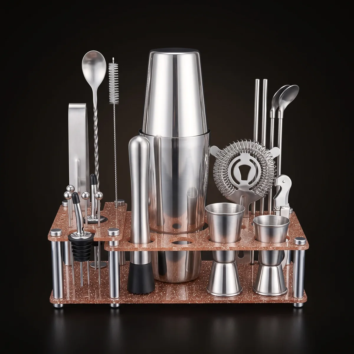 Cocktail kit 22 pieces, display stand, Boston, front view