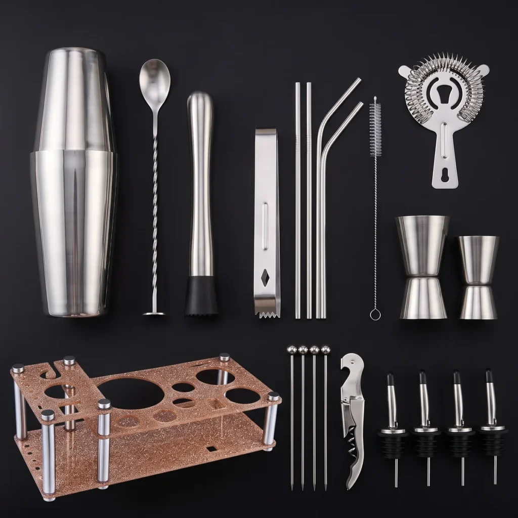 Cocktail kit 22 pieces, display stand, Boston, top view
